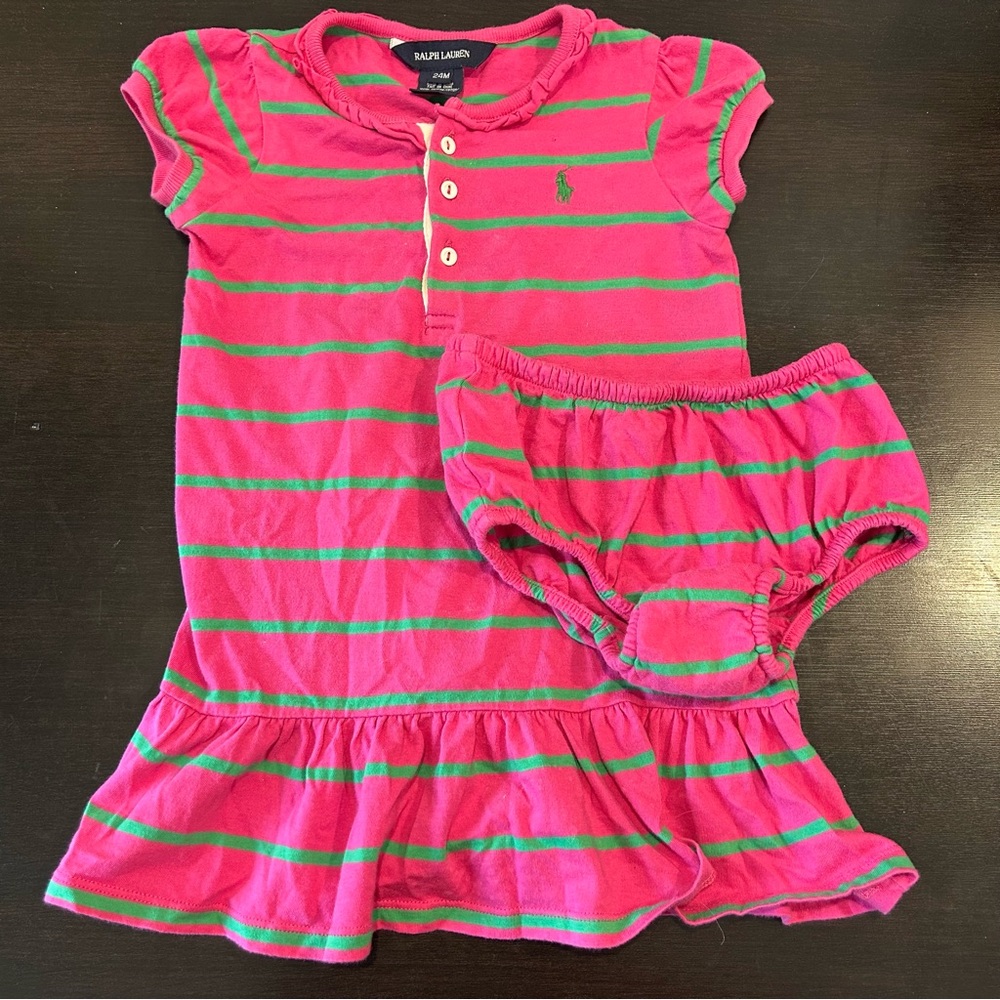 Ralph Lauren Striped Cotton Dress & Bloomer Pink/Green